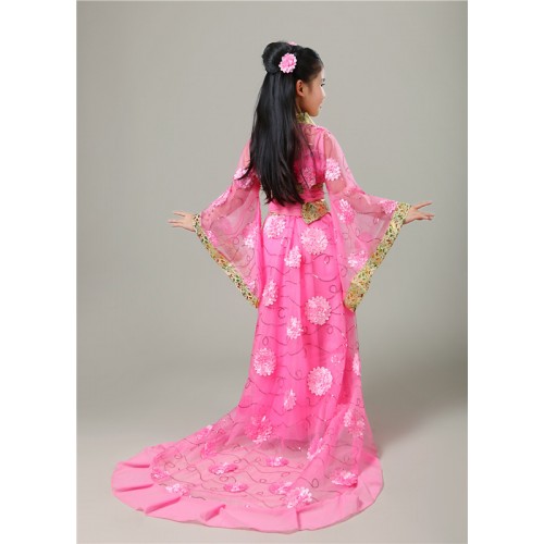 Children Girls gold yellow Queen Empress fairy hanfu performance dresses ancient folk costumes Tang Dynasty queen princess model show stage catwalk costume